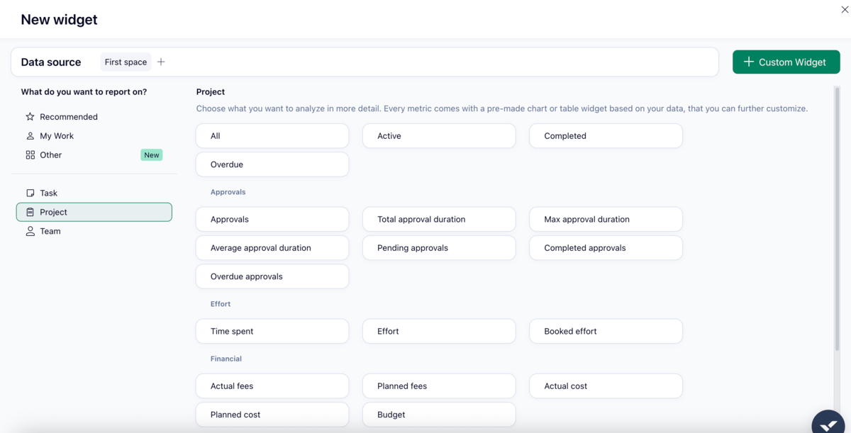 Creating a new widget for a dashboard in Wrike
