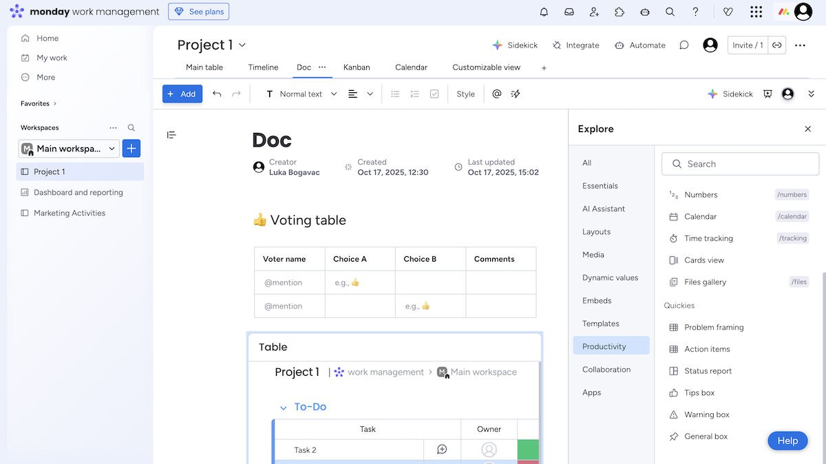 Workdoc in monday.com