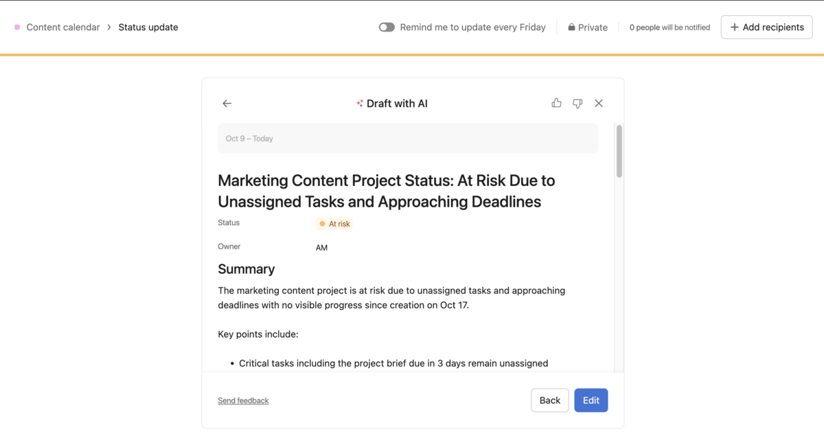 Drafting a status update with AI in Asana 

