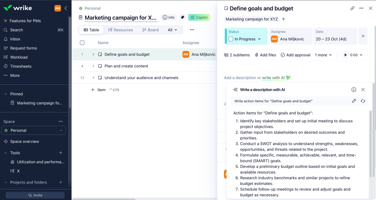 Adding a task description with the help of AI in Wrike
