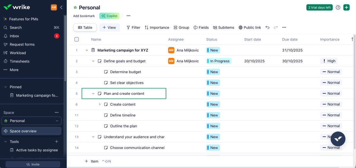 Tasks and subtasks in Wrike’s Table view
