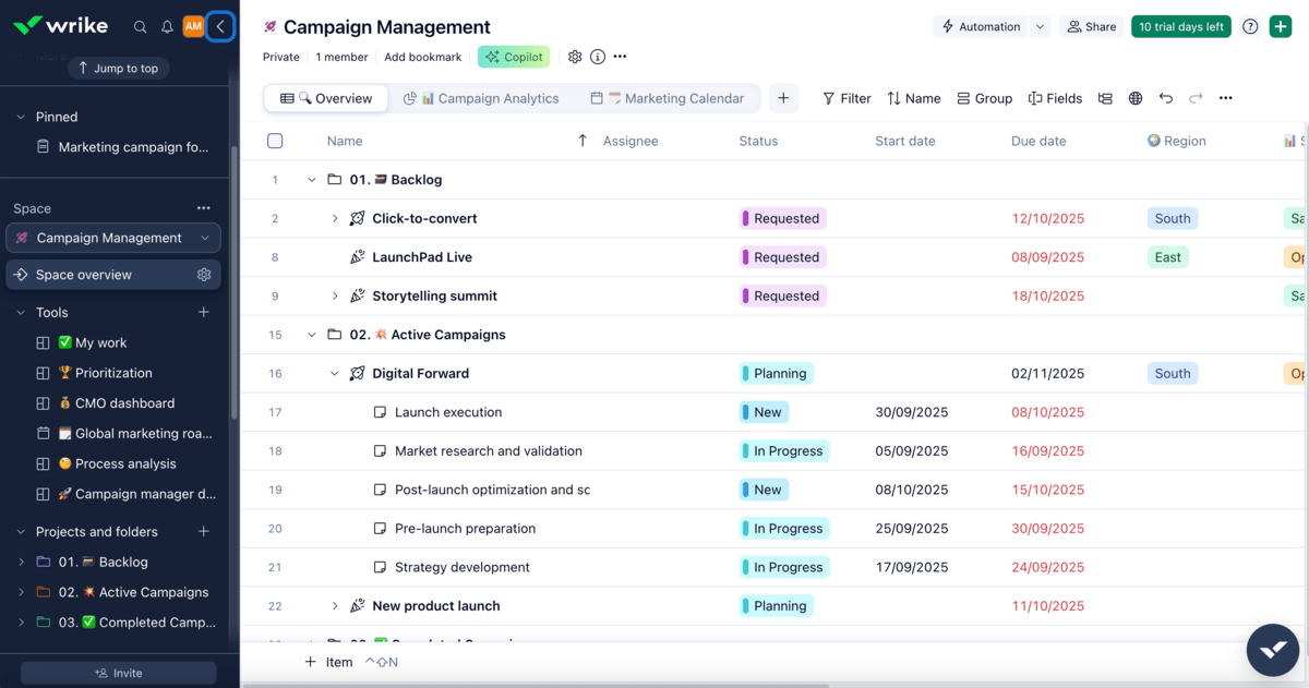 Wrike’s user interface 
