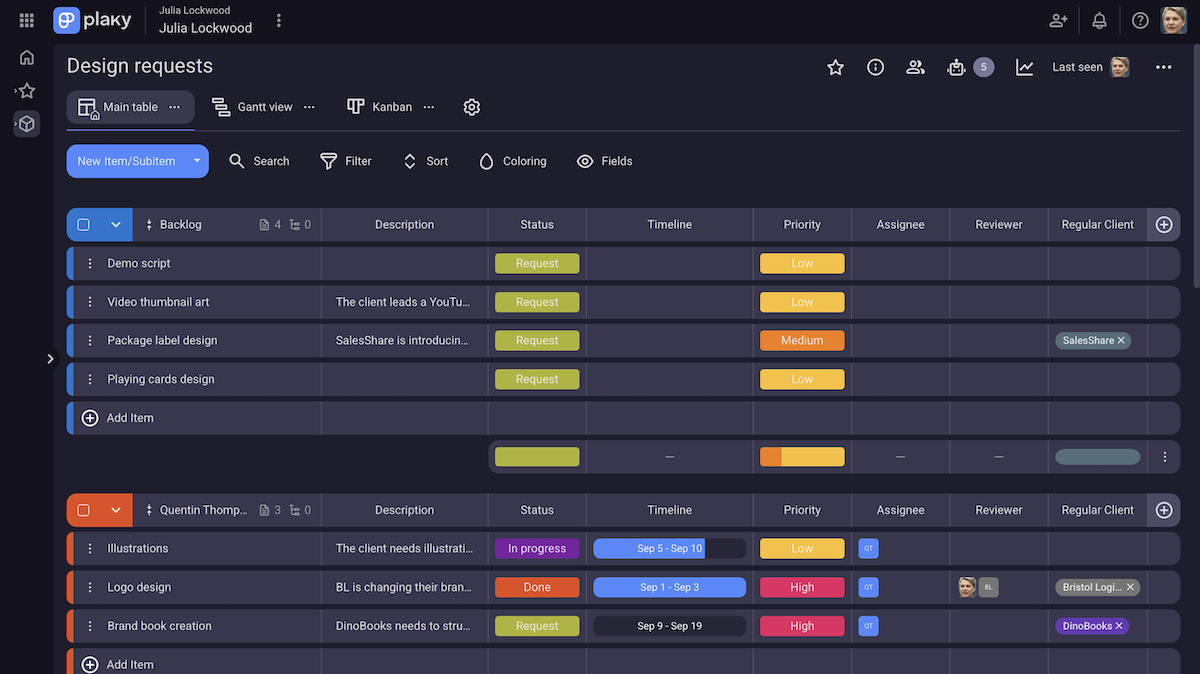 Design requests project board in Plaky