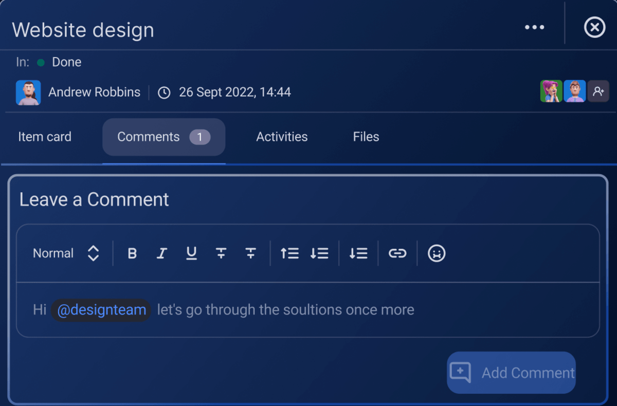 Comments in Plaky project management software