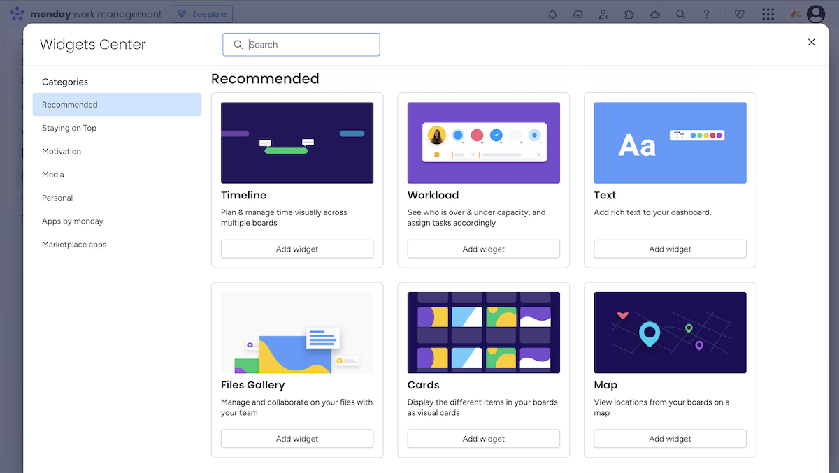 Monday.com's Widgets Center