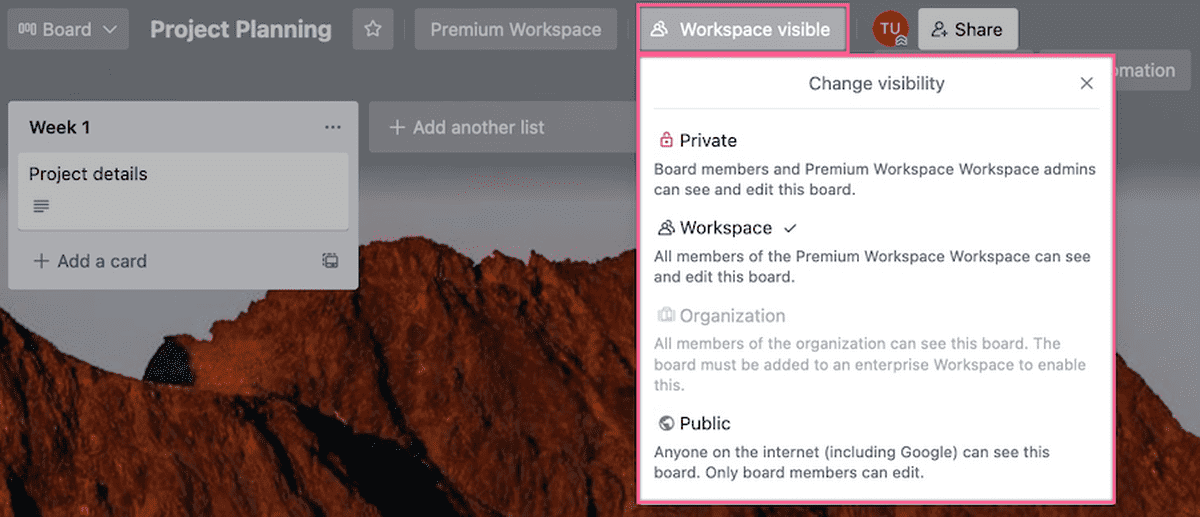 Changing board visibility in Trello 
