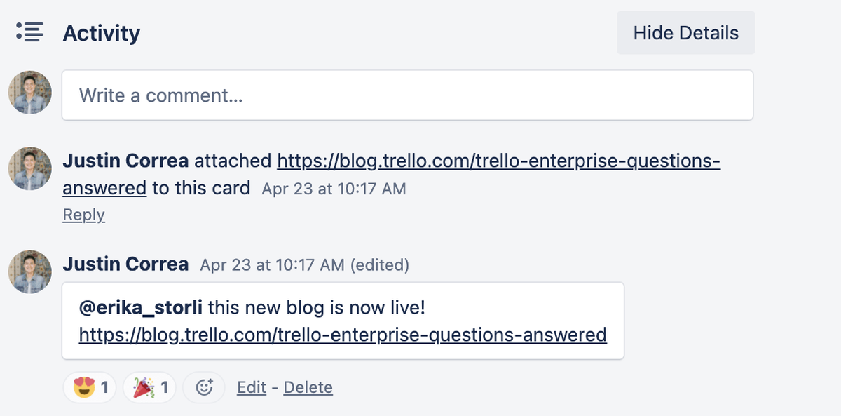 Comments activity feed in Trello