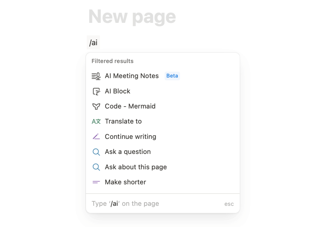 AI options in Notion project management software