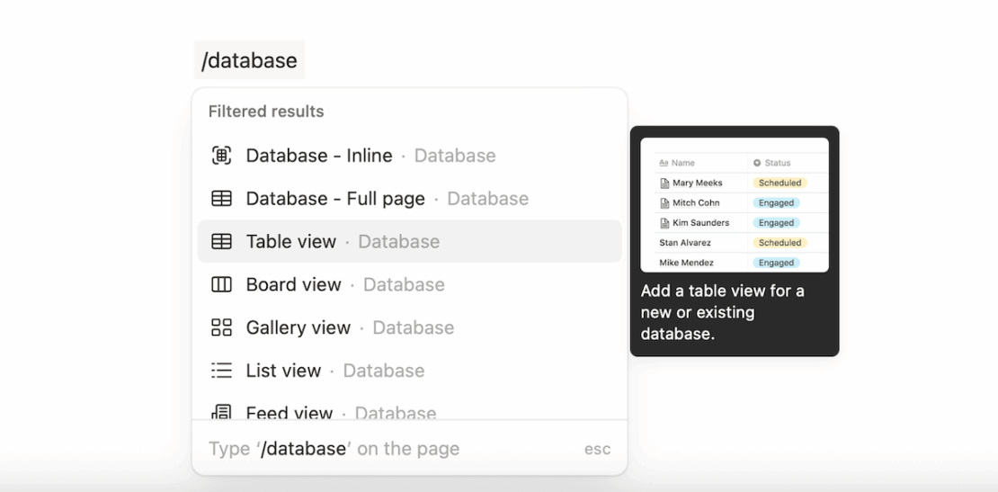 Adding a Table view database in Notion project management software