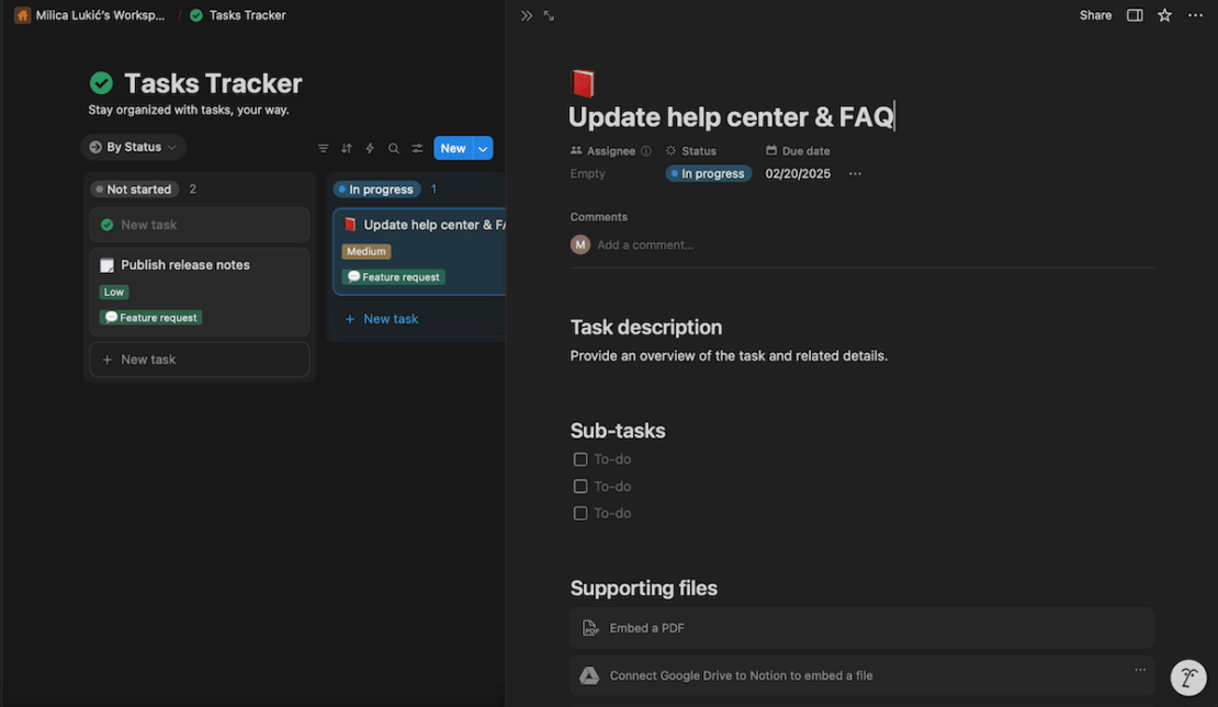 Adding task details in Notion project management software