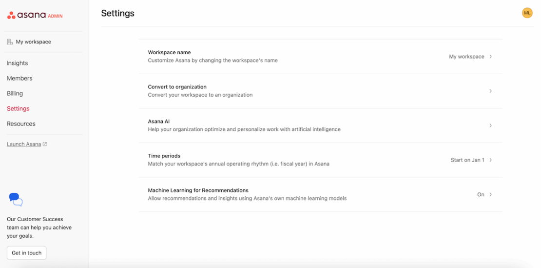 Admin console in Asana project management software