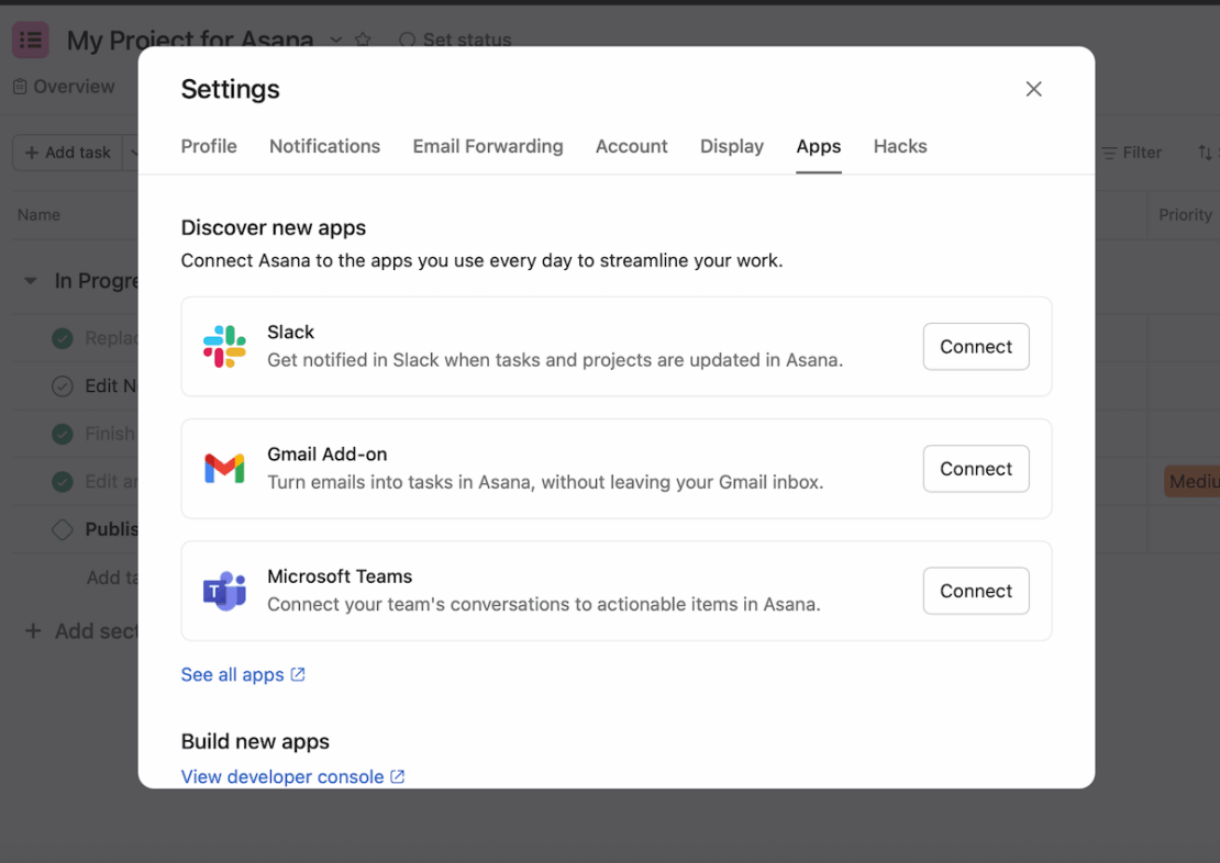 Integrations in Asana project management software