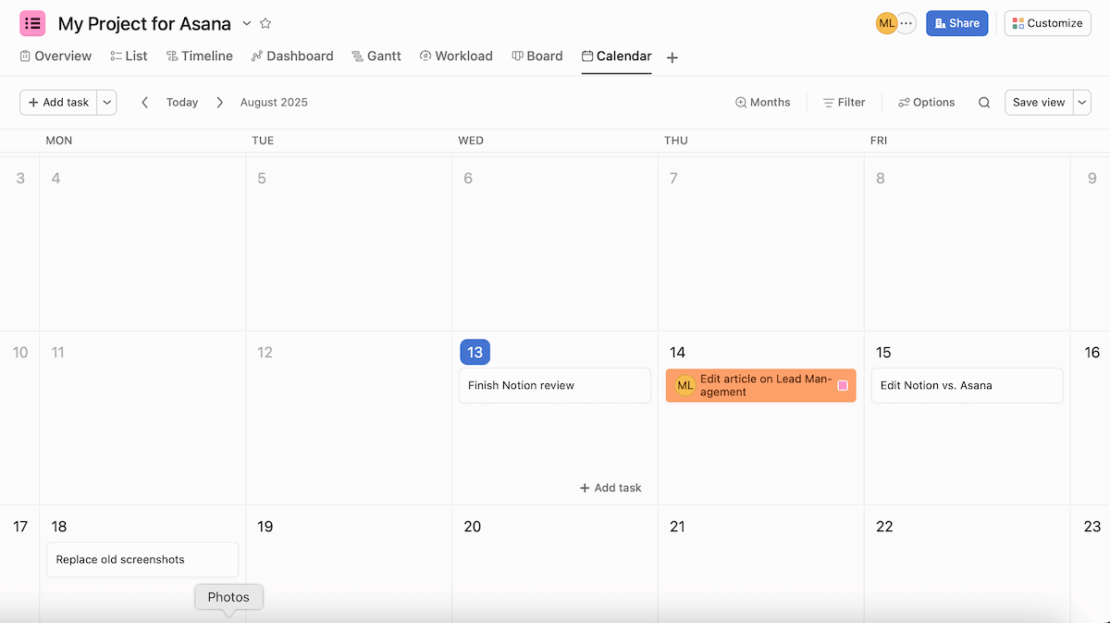 Calendar view in Asana project management software