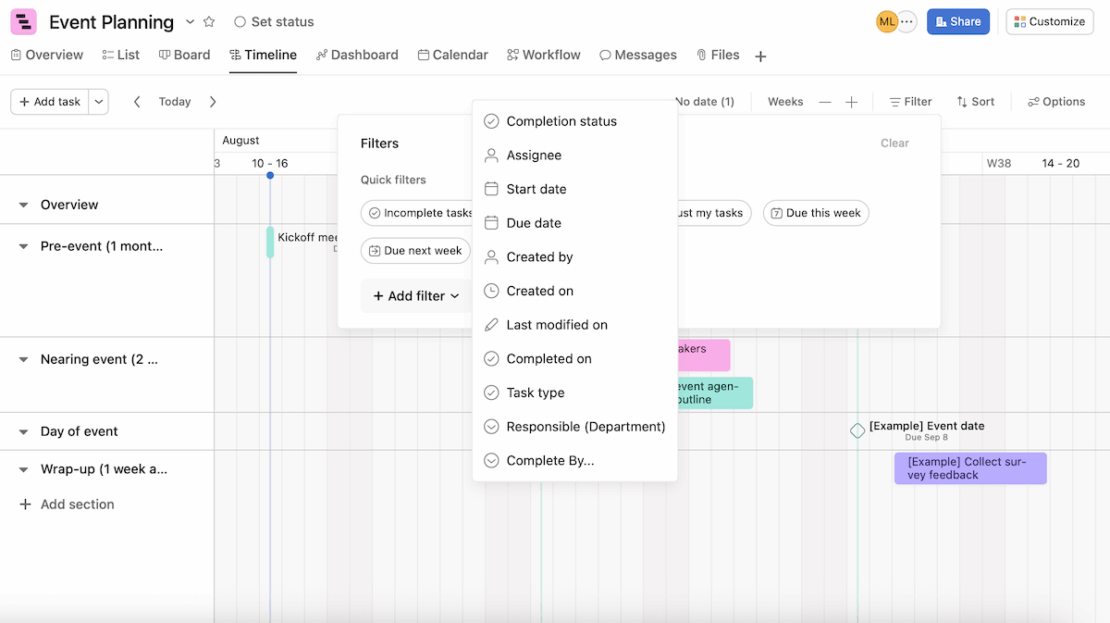 Filtering options in Asana project management software