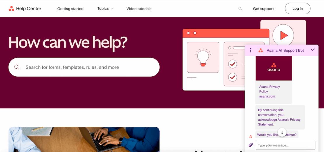 Help center and support chatbot in Asana project management software