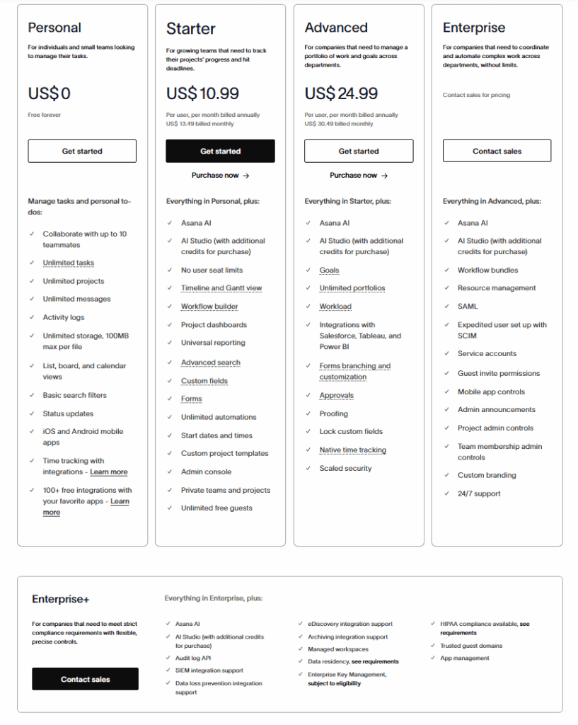 Asana pricing plans