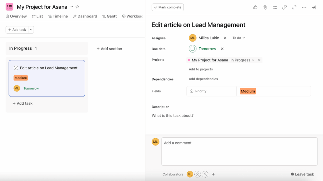 Example of a task card in Asana project management software
