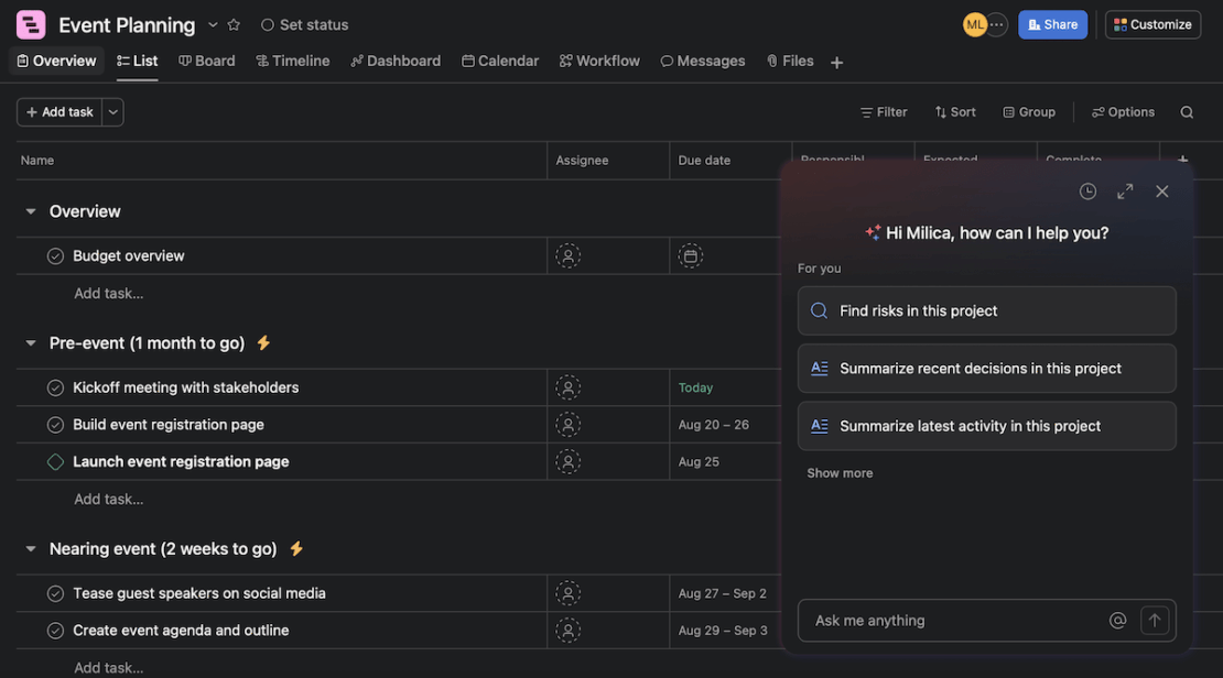 Ask AI option in Asana project management software