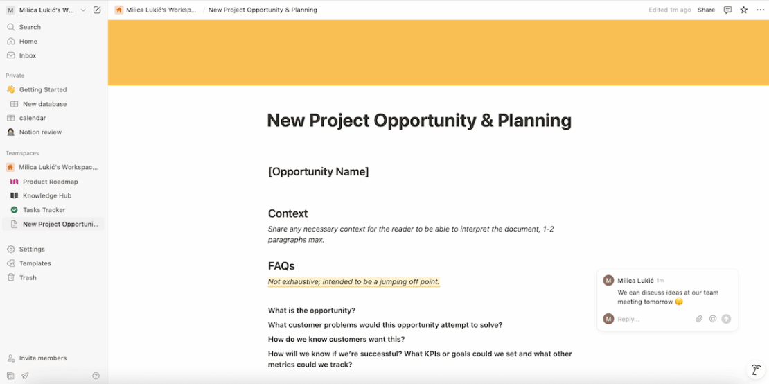 Comments in Notion project management software