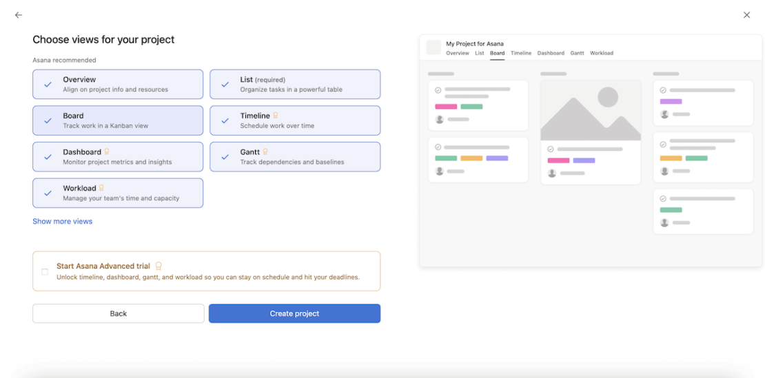 Creating a new project in Asana project management software
