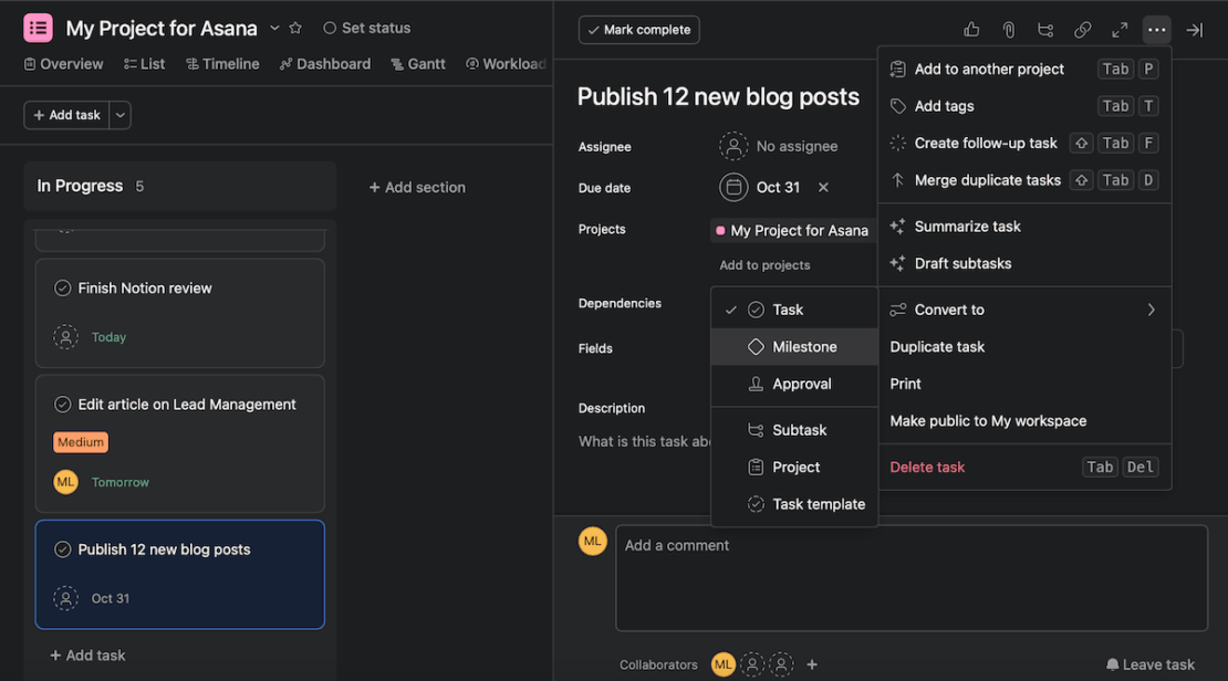 Creating milestones in Asana project management software