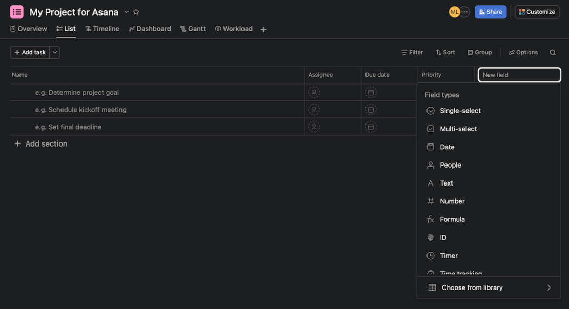 Fields in Asana project management software