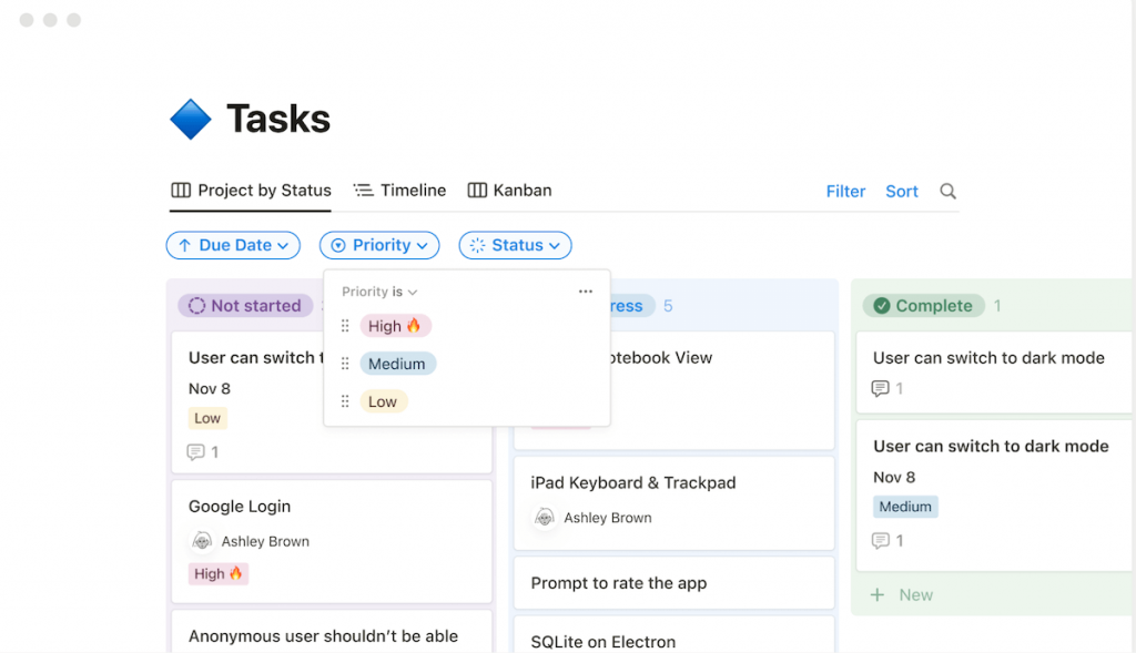 Filtering and sorting tasks in Notion, source: Notion.so