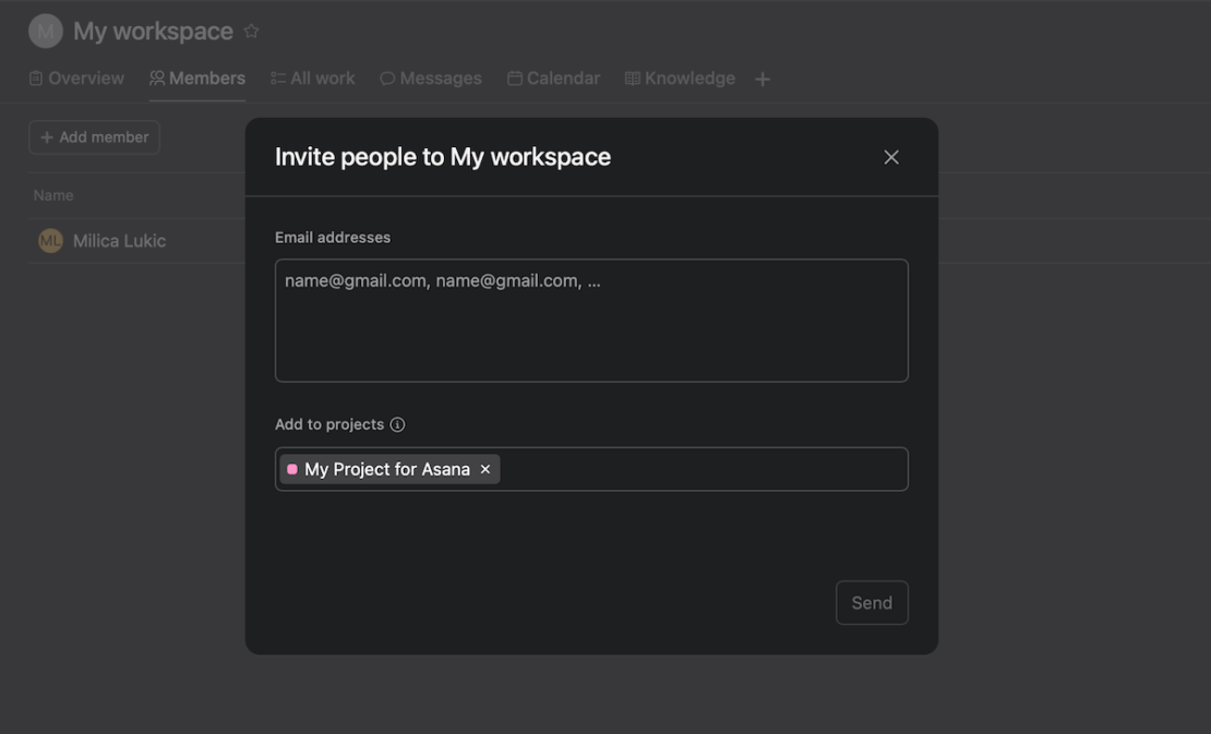 Inviting people to the Asana workspace