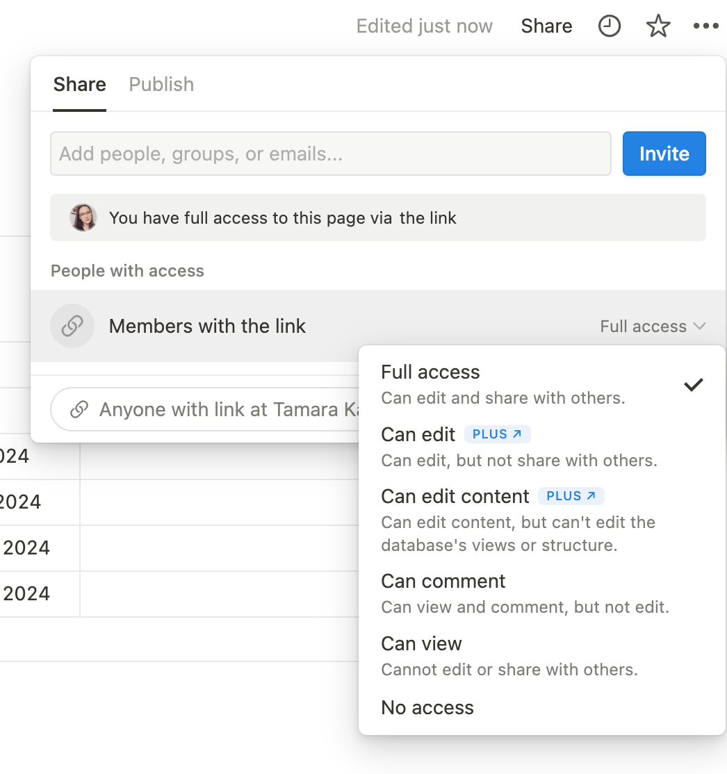 Notion’s sharing options