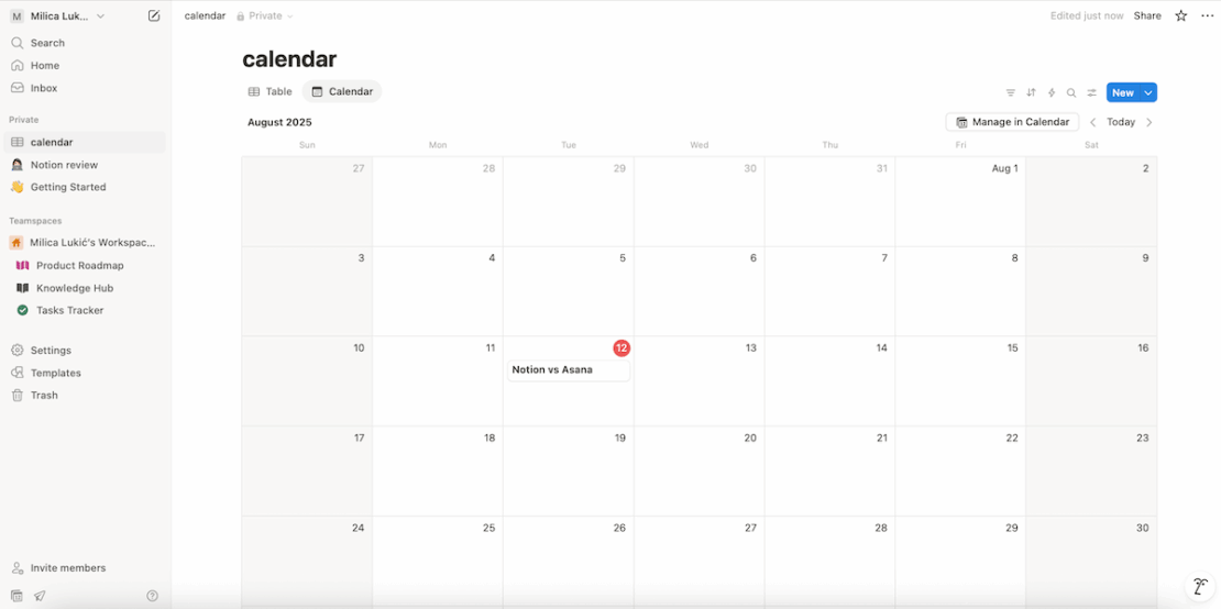 Calendar view in Notion project management software