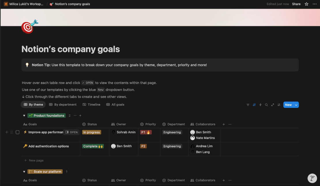 Company goals template in Notion project management software