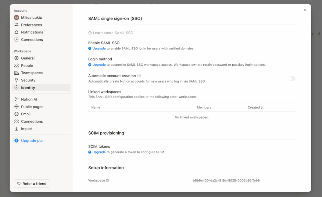 Identity page in Notion project management software