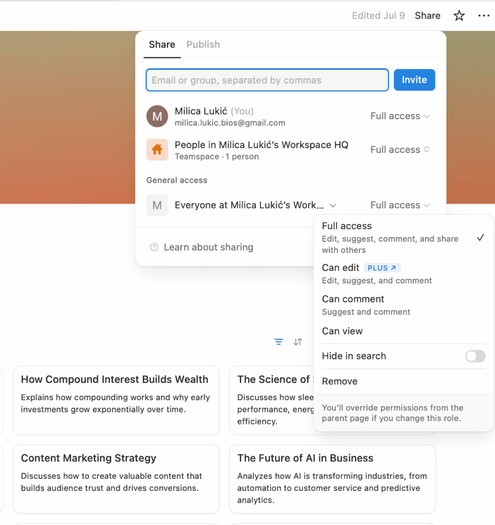 Sharing options in Notion project management software