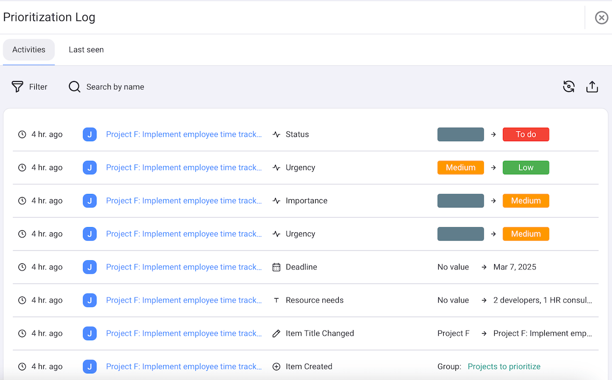 Activity log shown in Plaky project management software