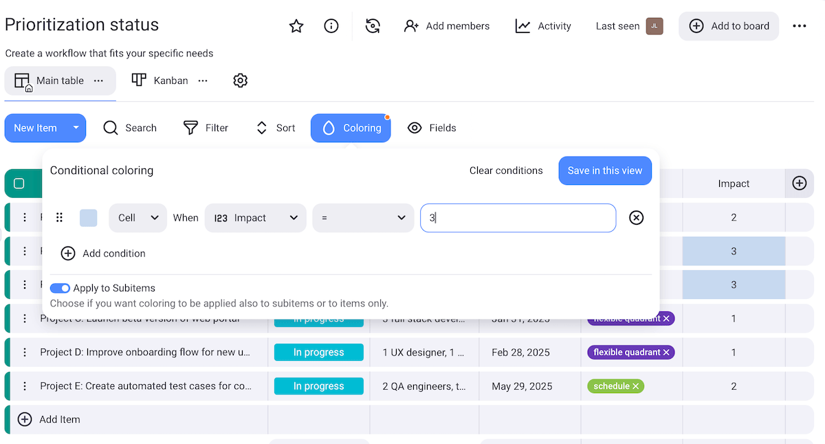 Using the conditional coloring feature in Plaky project management software