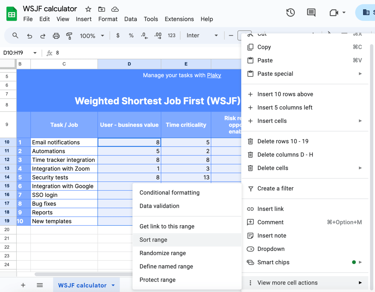 Sorting WSJF results in a WSJF calculator