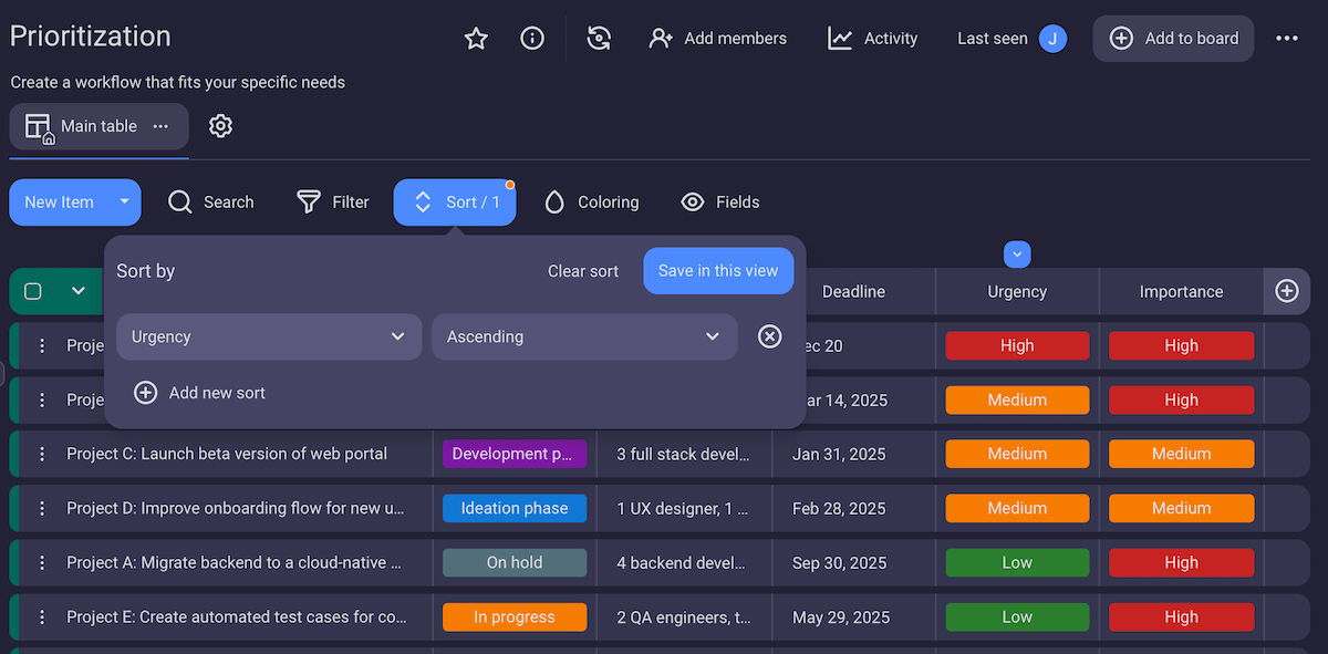 Sorting projects by urgency in the ascending order in Plaky project management software