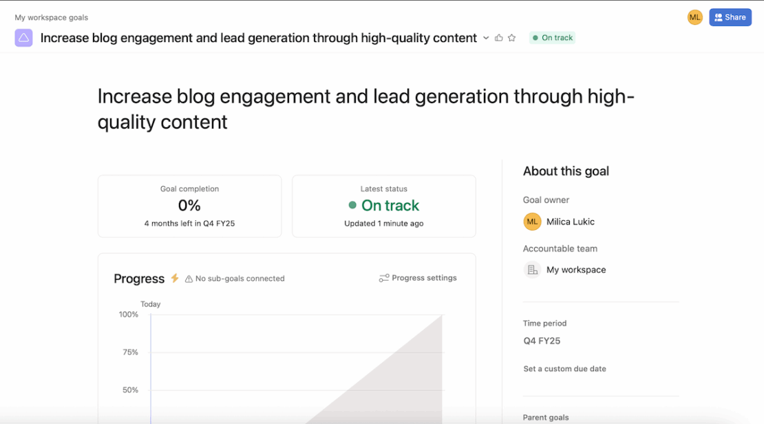 Tracking goals in Asana project management software