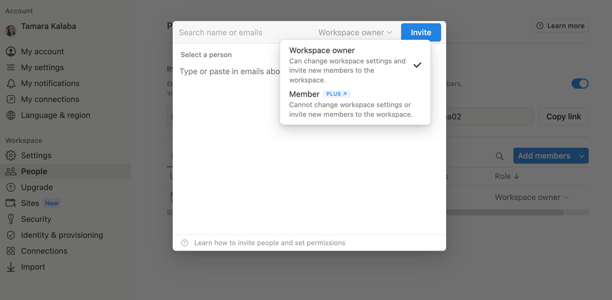 Adding members in Notion