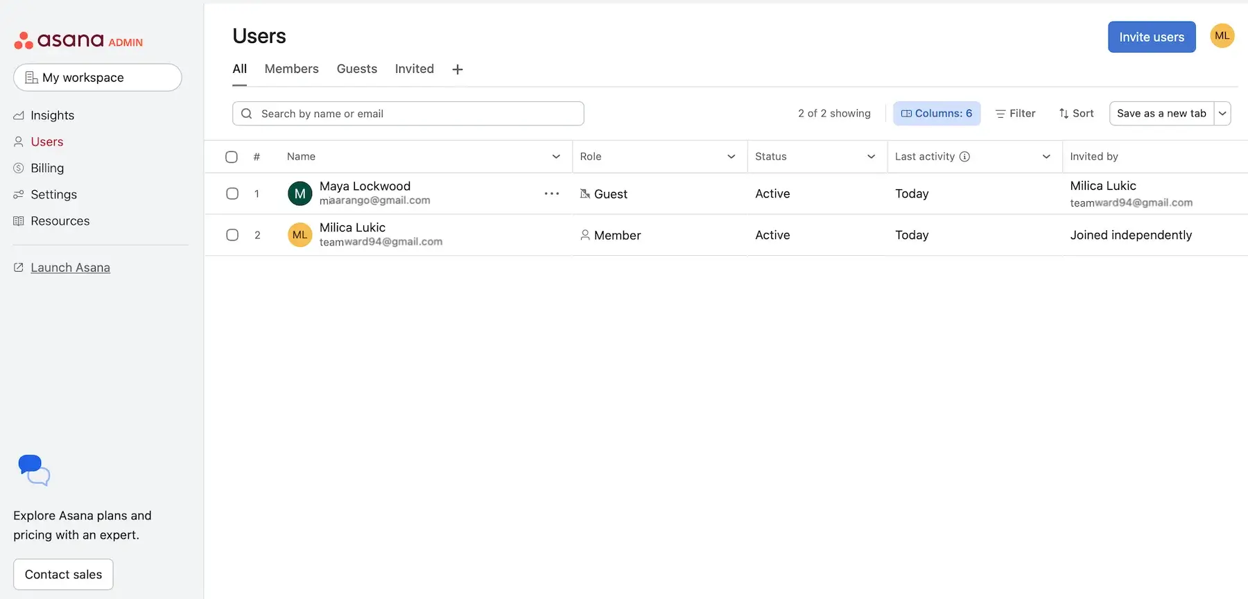 Admin console in Asana