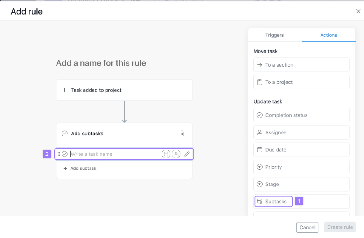 Adding subtasks using rules in Asana