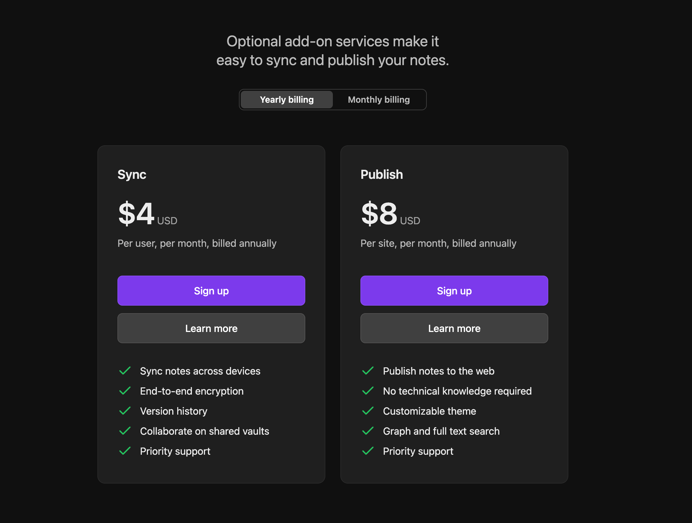 Pricing plans of Obsidian’s add-ons (source: Obsidian.md)