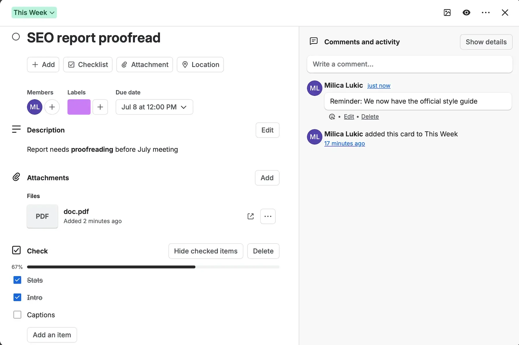 Task card in Trello