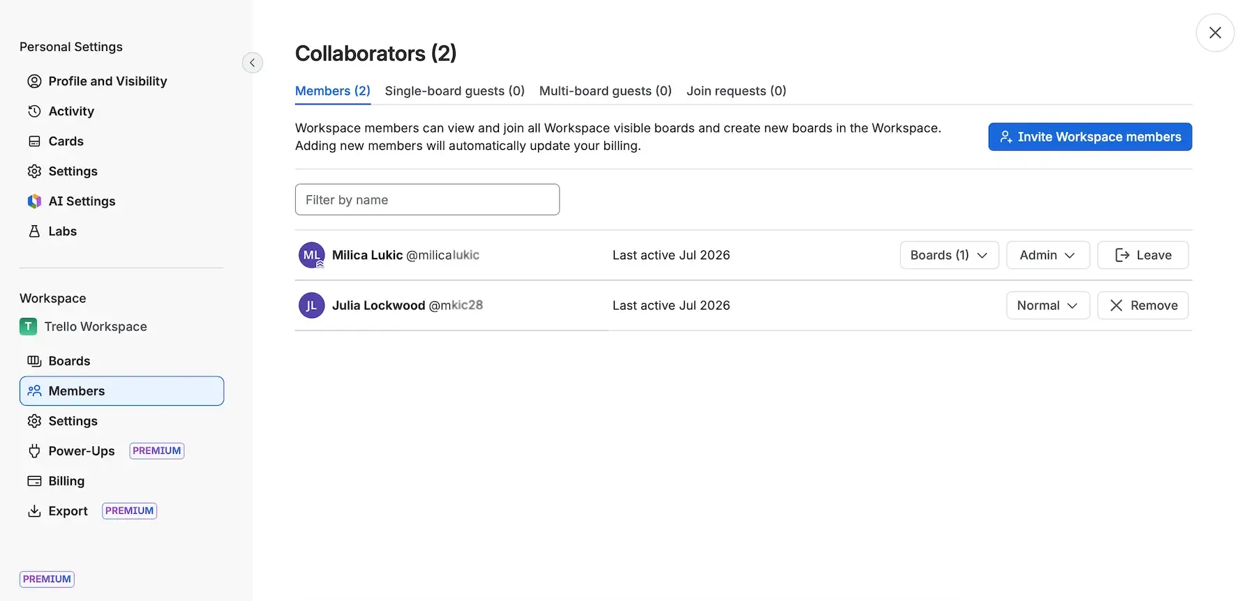Trello Workspace settings