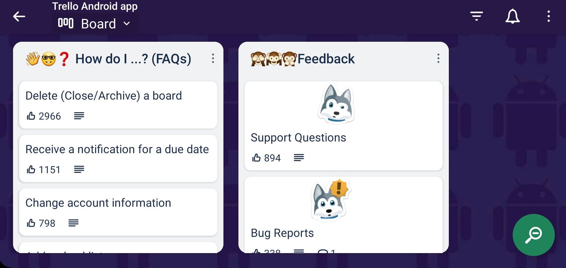 Trello's support section shown in its Android app