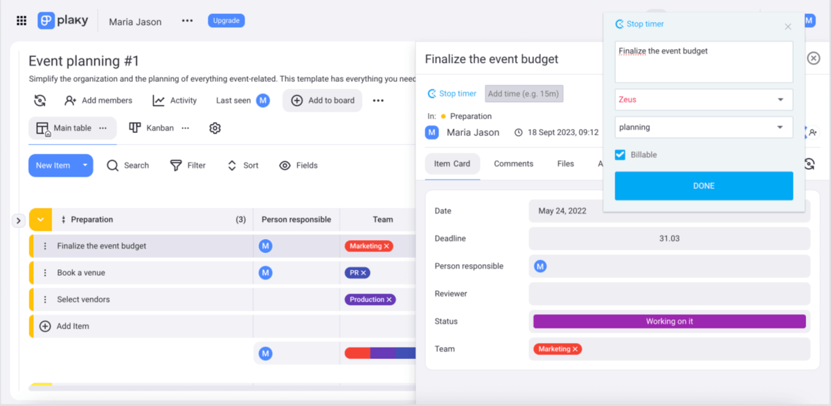 Plaky’s time tracking integration with Clockify 