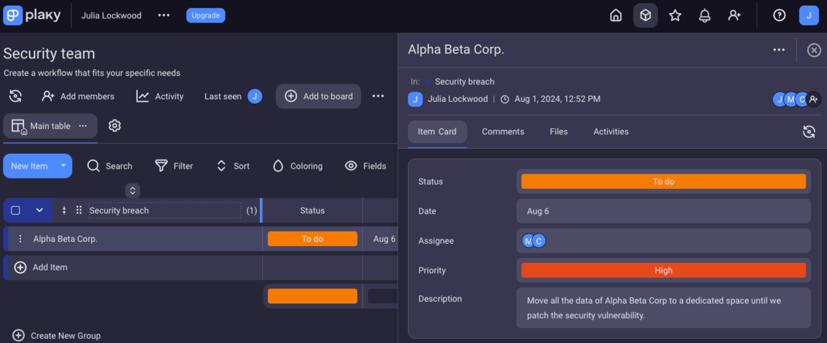 Filling out key information about an ad hoc task in Plaky