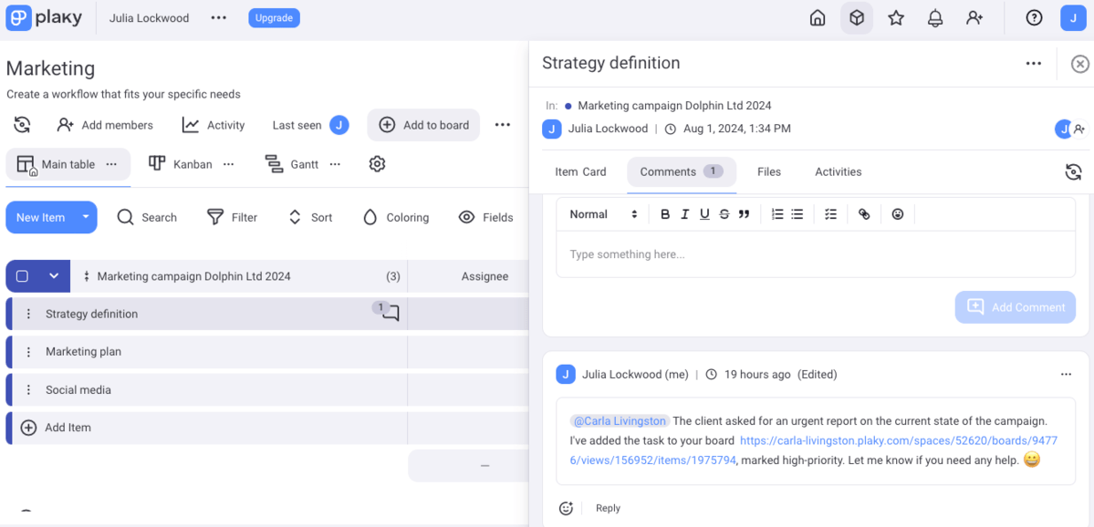 Providing updates on different ad hoc requests in an item’s comments section in Plaky