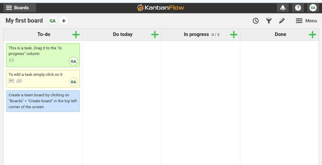 Starting board in KanbanFlow task management software