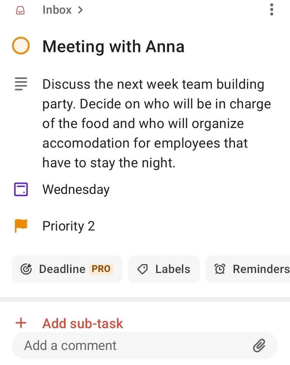 Example of a task shown in Todoist task management software